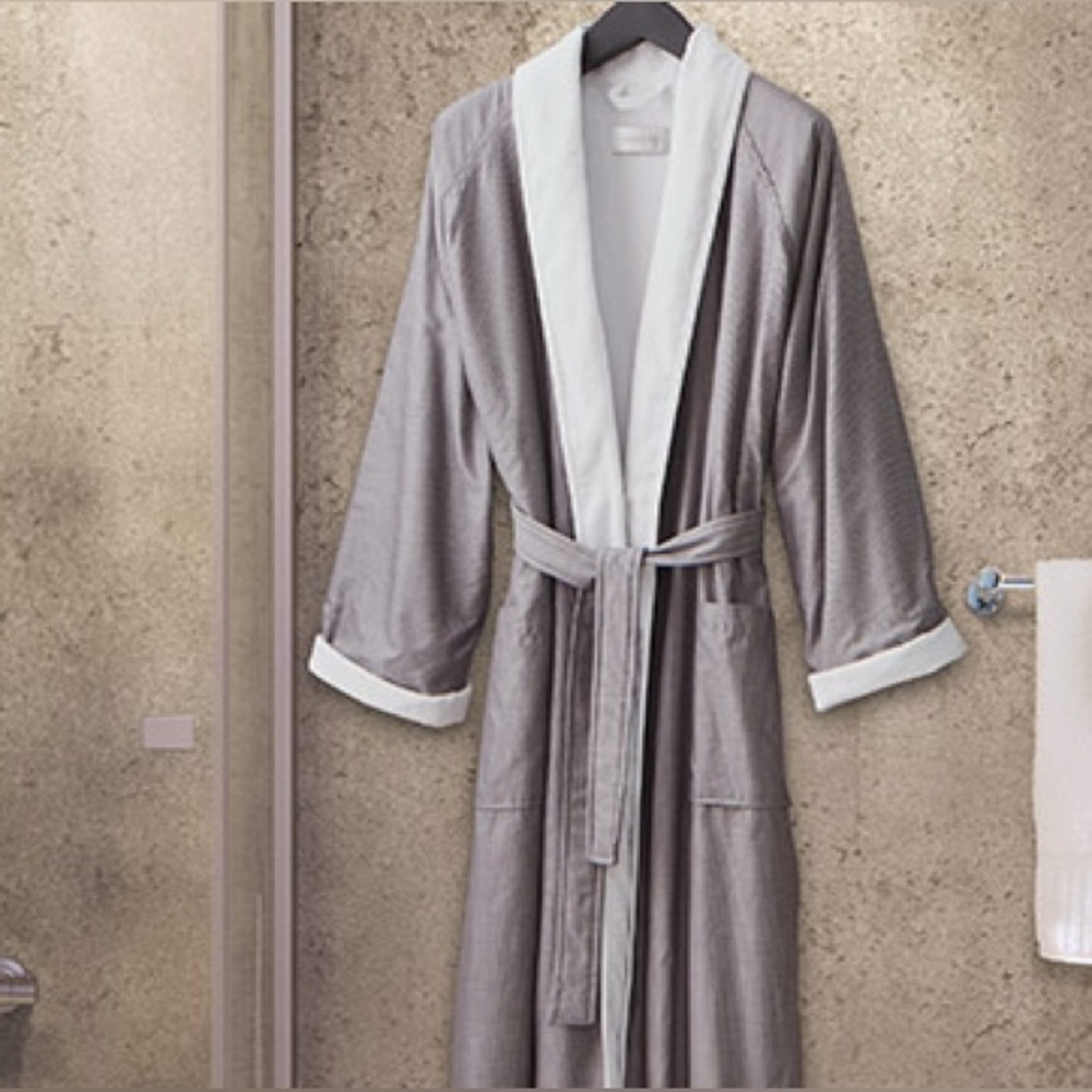 Frette 1860 Luxury Grey Pinstripe Cotton Shawl Collar Robe - Size Large